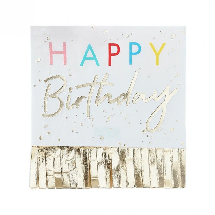 Serviettes Happy birthday franges dorées