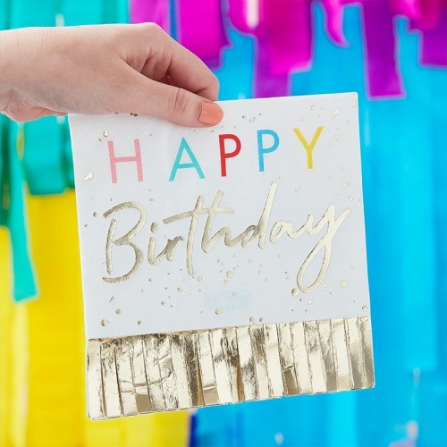 Serviettes Happy birthday franges dorées