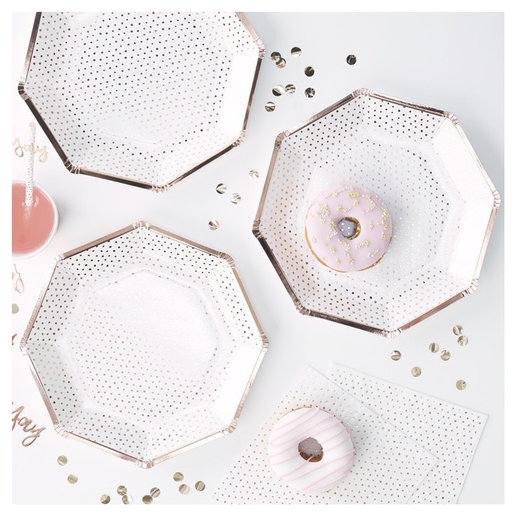 8 Assiettes pois rose gold