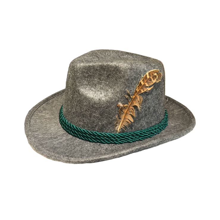Chapeau tyrolien gris avec bandeau vert et plume, vue de face - Anton & Dirndl